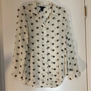 Whites sheer button down with black heart print